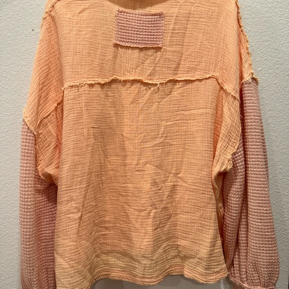 POL Peach Button-Placket Gauze Top with Pink Knit Sleeves - Picture 5 of 8